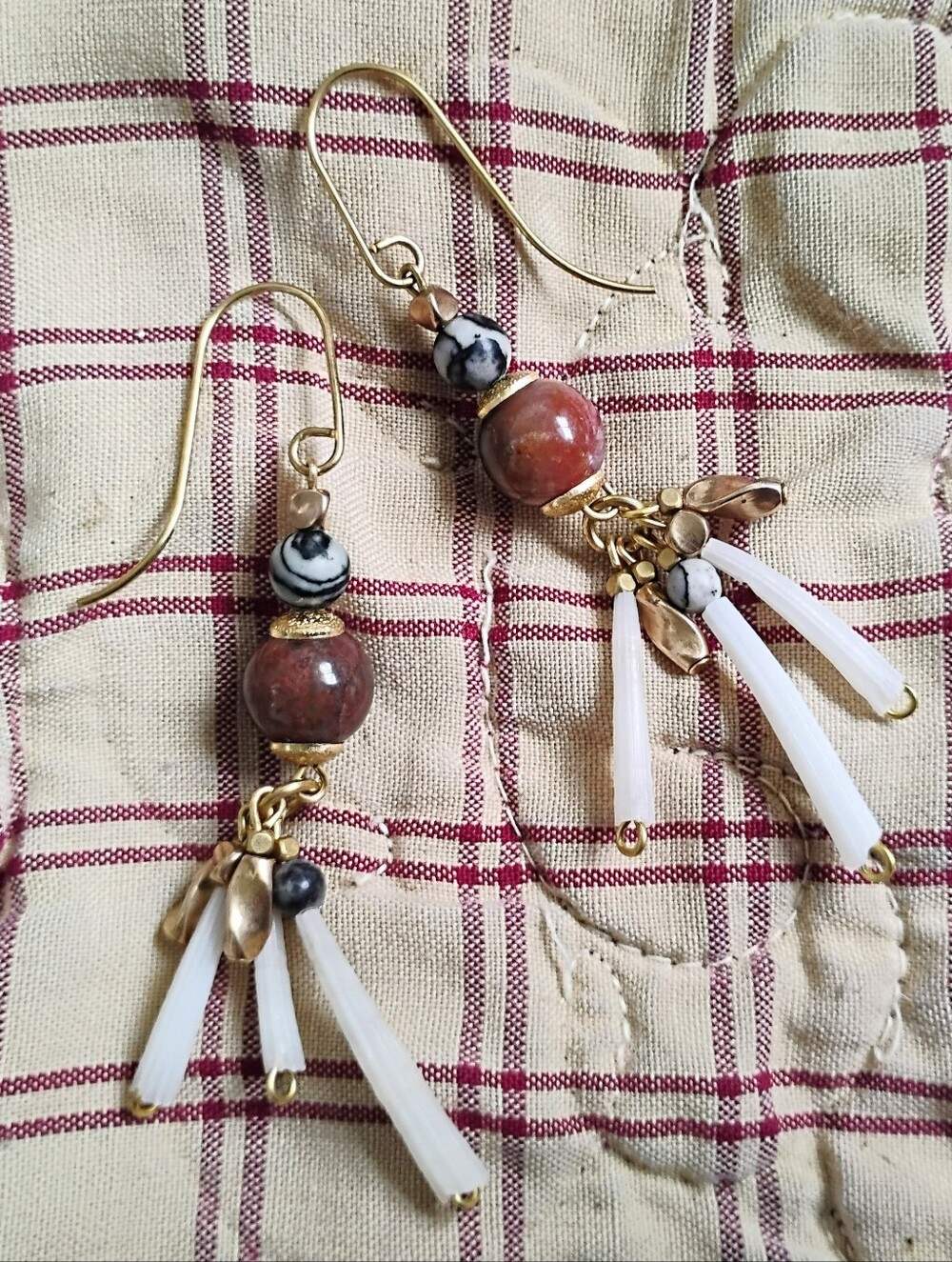 Handmade Indian Agate and Tusk Shell Brass Earrings